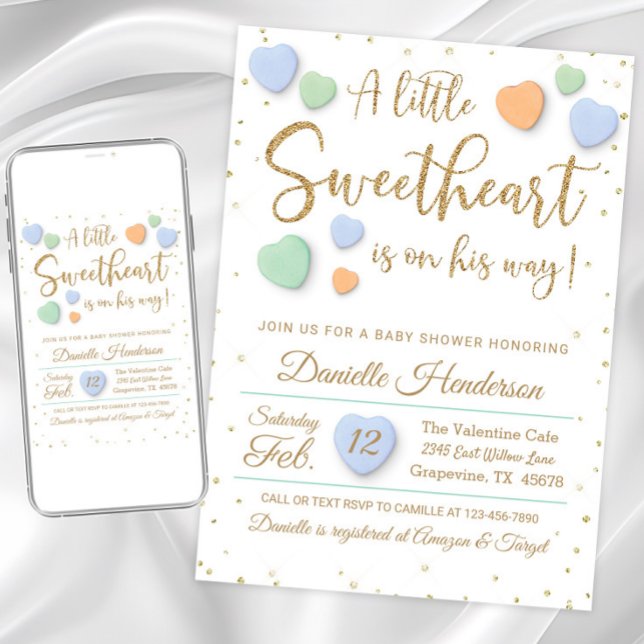 Cartes d'invitation pour Baby Shower Garçon Saint  (Cute valentine hearts little sweetheart baby shower invitation. Two color options are available.)