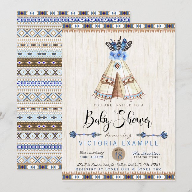 Cartes d'invitation pour Baby Shower Garçon Tipi T (Devant / Derrière)