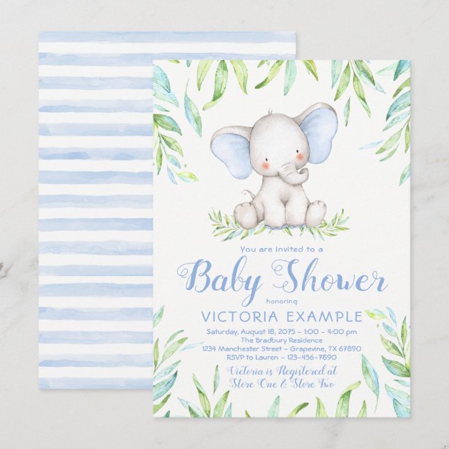 Cartes d'invitation pour Baby Shower Jungle Élépha (Devant / Derrière)