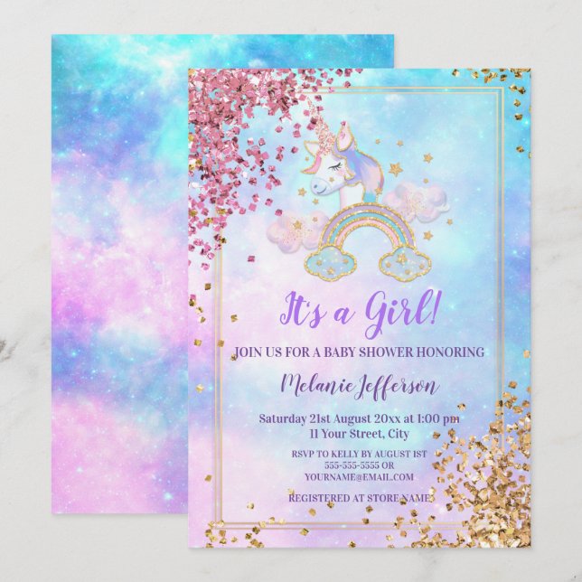 Cartes d'invitation pour Baby Shower Licorne (Devant / Derrière)
