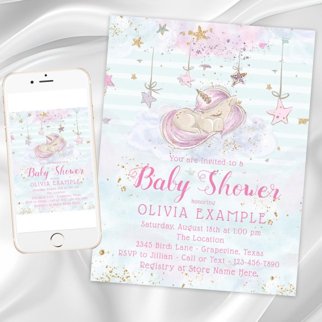 Cartes d'invitation pour Baby Shower Licorne Douce (Sweet unicorn baby shower invitation. Instant download and printed invitations available.)