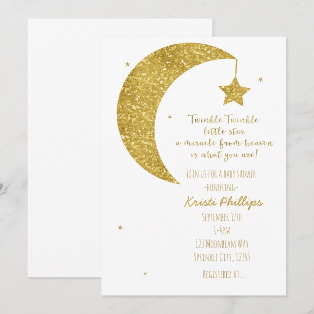 Cartes d'invitation pour Baby Shower Lune et Étoil (Devant / Derrière)
