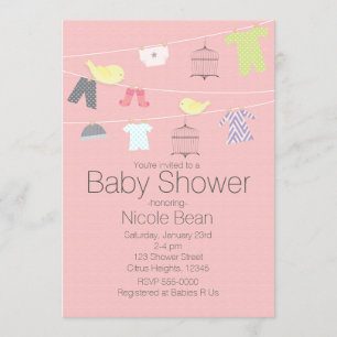 Cartes d'invitation pour Baby Shower Oiseaux et Vê