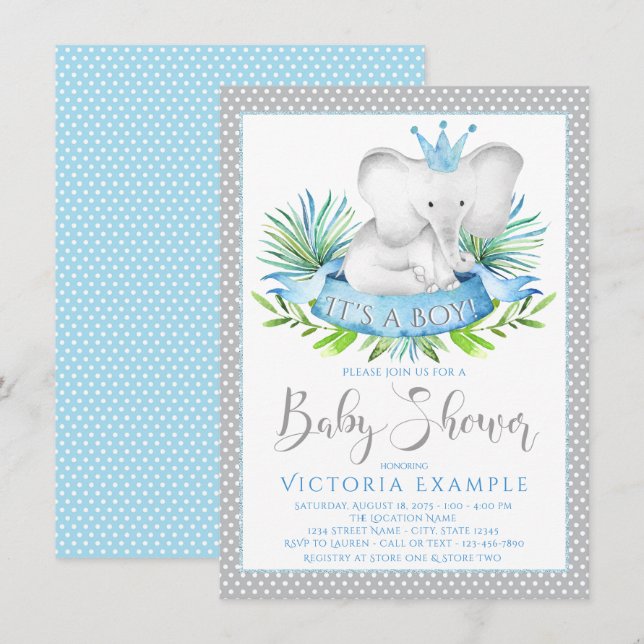 Cartes d'invitation pour Baby Shower Prince Élépha (Devant / Derrière)