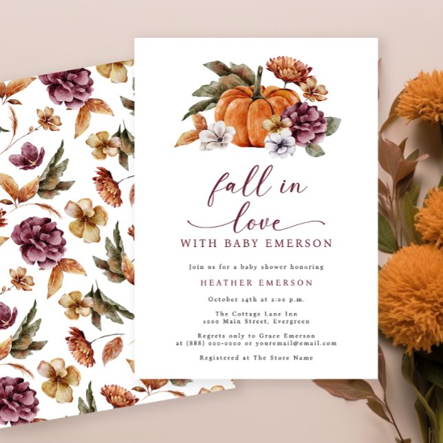 Cartes d'invitation pour Baby Shower sur le thème  (Fall In Love With Baby Burnt Orange Baby Shower Invitation Watercolor Floral Pumpkins )