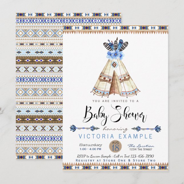 Cartes d'invitation pour Baby Shower Teepee Tribal (Devant / Derrière)