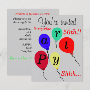 Cartes d'invitation pour ballons de 50 ans surpris