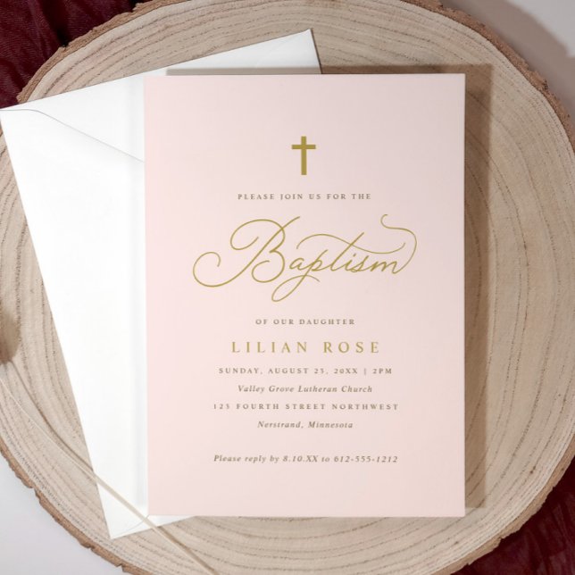 Cartes d'invitation pour baptême avec croix - Fill (Light pink girl’s baptism invitation with gold script and cross—elegant and personalized.)