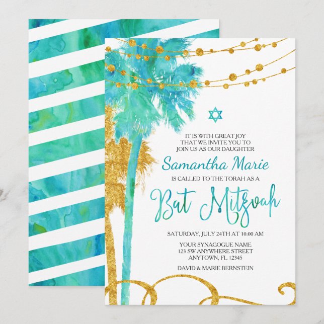 Cartes d'invitation pour Bat Mitzvah à thème plage (Devant / Derrière)