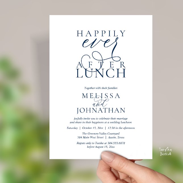 Cartes d'invitation pour déjeuner de mariage, Élég (Wedding Lunch Invites, Elegant Happily Ever After Invitation Card in Navy Blue)