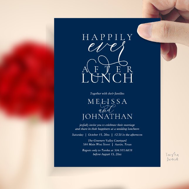 Cartes d'invitation pour déjeuner de mariage, Élég (Wedding Lunch Invites, Elegant Happily Ever After Invitation Card in Navy Blue)