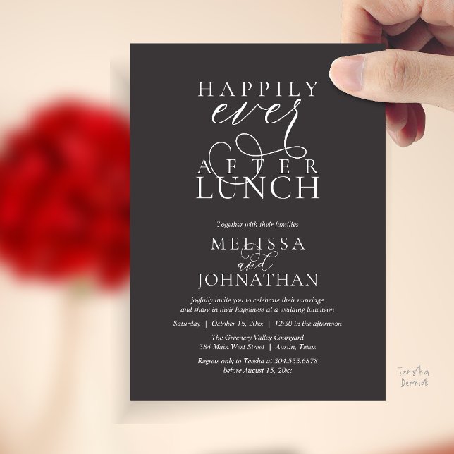 Cartes d'invitation pour déjeuner de mariage, Élég (Wedding Lunch Invites, Elegant Happily Ever After Invitation Card in Charcoal Grey)