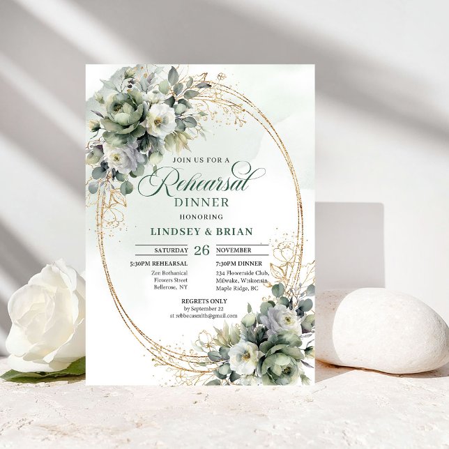 Cartes d'invitation pour dîner de répétition en ve (Botanical Greenery Gold Rehearsal Dinner Invitation)
