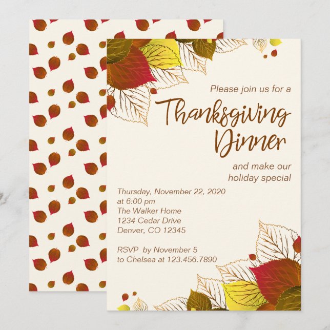 Cartes d'invitation pour dîner de Thanksgiving ave (Devant / Derrière)