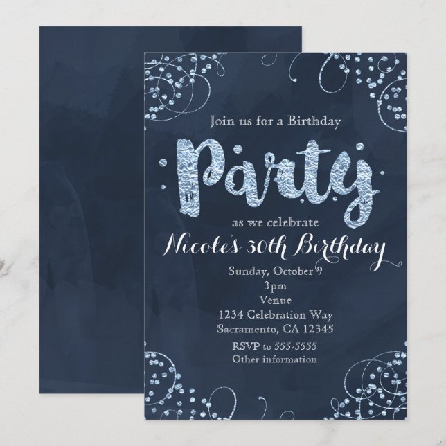 Cartes d'invitation pour fête d'anniversaire bleu  (Devant / Derrière)