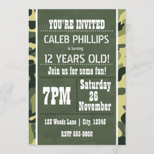 Cartes d'invitation pour fête d'anniversaire camou