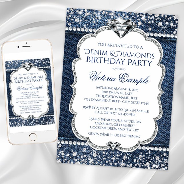 Cartes d'invitation pour fête d'anniversaire Denim (Denim diamond birthday invitation. Instant download and printed invitations available.)