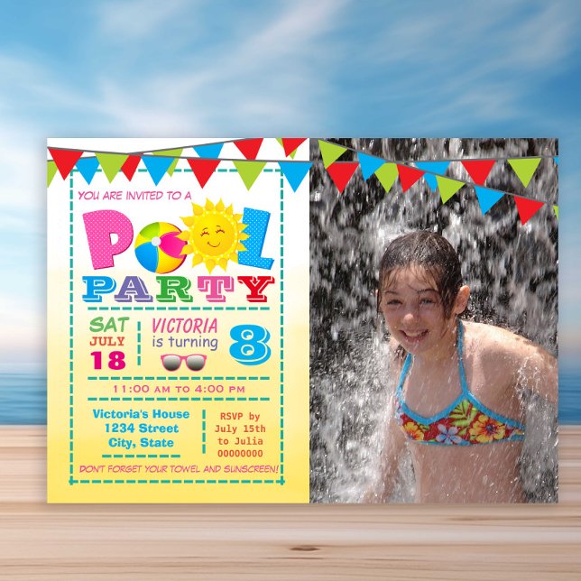 Cartes d'invitation pour fête d'anniversaire en pi (Cute any number pool birthday party invitation. Simply add your details and photo.)