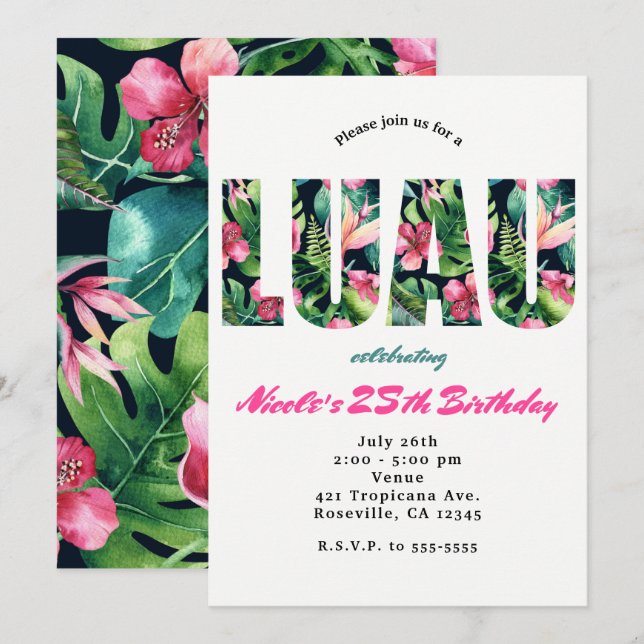 Cartes d'invitation pour fête d'anniversaire LUAU  (Devant / Derrière)