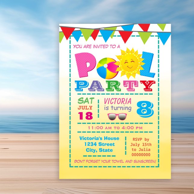Cartes d'invitation pour fête d'anniversaire pisci (Cute any number pool birthday party invitation. Simply add your event details.)