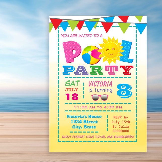 Cartes d'invitation pour fête d'anniversaire pisci (Cute any number pool party invitation. )