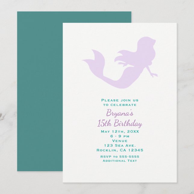 Cartes d'invitation pour fête d'anniversaire sirèn (Devant / Derrière)
