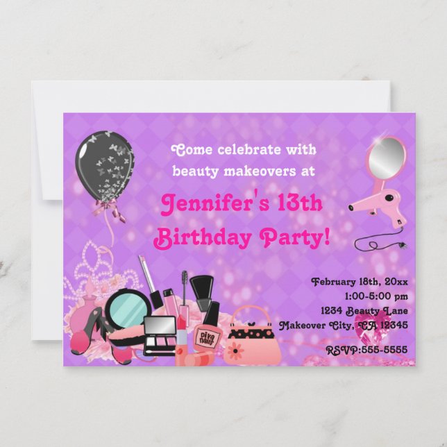 Cartes d'invitation pour fête de filles de beauté  (Devant)