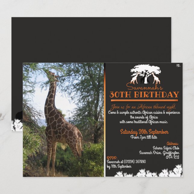 Cartes d'invitation pour fête de girafe africaine (Devant / Derrière)