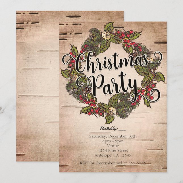 Cartes d'invitation pour fête de Noël en bois de b (Devant / Derrière)