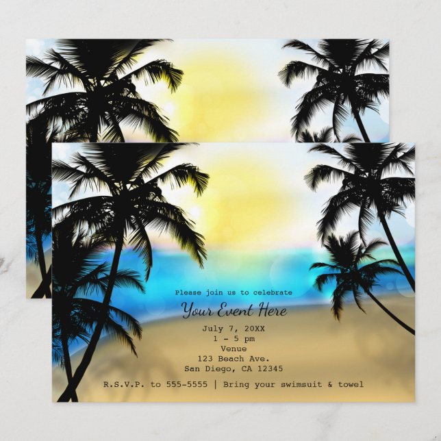 Cartes d'invitation pour fête de plage tropicale e (Devant / Derrière)