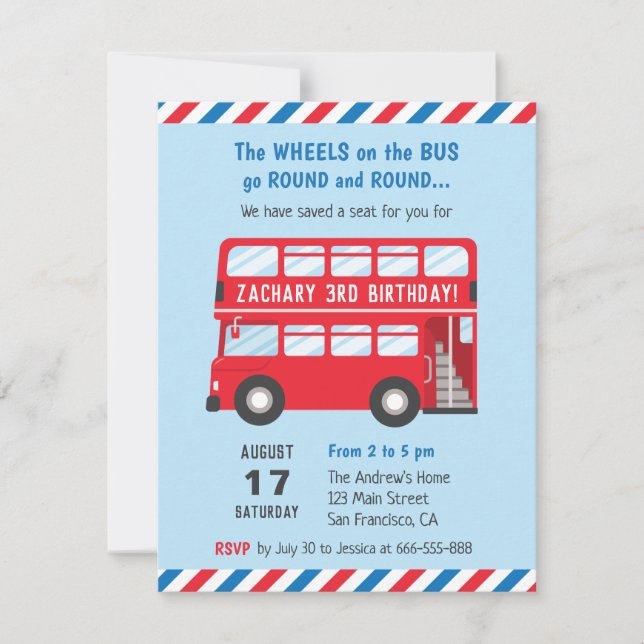 Cartes d'invitation pour fête d'enfants Bus Double (Devant)