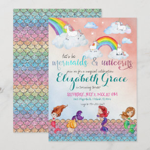 Cartes d'invitation pour fête Sirènes, Licornes et