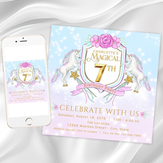 Cartes d'invitation pour la 7ème fête d'anniversai (Pretty unicorn 7th birthday party invitation. Download and printed invitations available.)