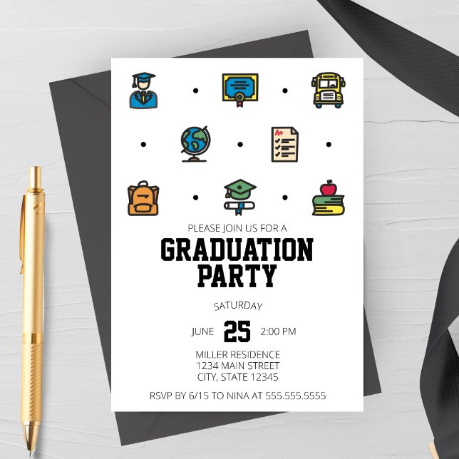 Cartes d'invitation pour la fête de remise des dip (Graduation Line Icons Graduation Party Invitation | High School, College, Elementary Graduation)