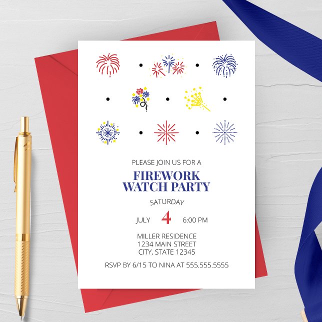 Cartes d'invitation pour la fête du 4 juillet avec (Fireworks Icons | 4th of July Party Invitation | Firework Watch Party)