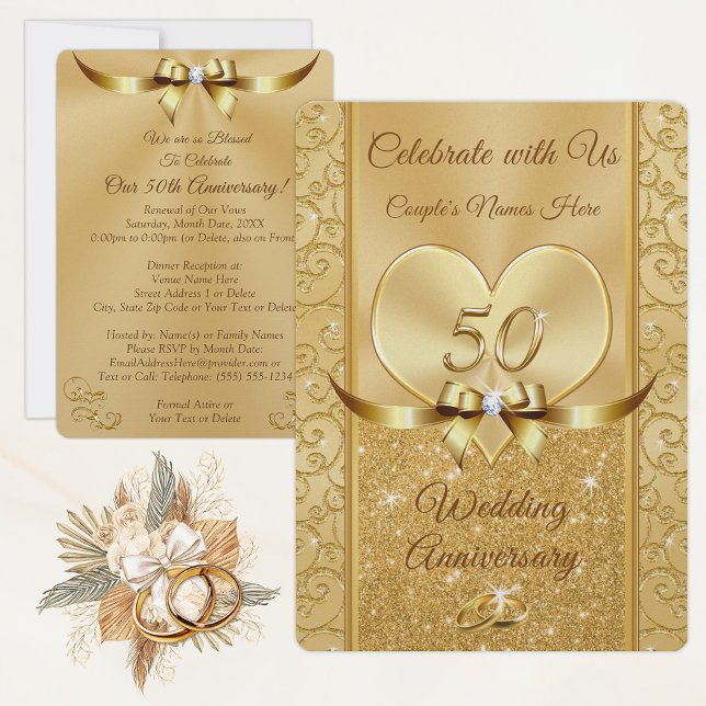 Cartes d'invitation pour la rénovation de vœux de  (50th wedding anniversary invitations personalized. 50th anniversary renewal of vows invitatitations.)