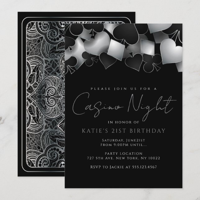 Cartes d'invitation pour la soirée casino argentée (Devant / Derrière)