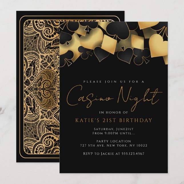 Cartes d'invitation pour la soirée casino dorée (Devant / Derrière)
