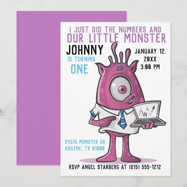 Cartes d'invitation pour l'anniversaire de Monstre (Devant / Derrière)