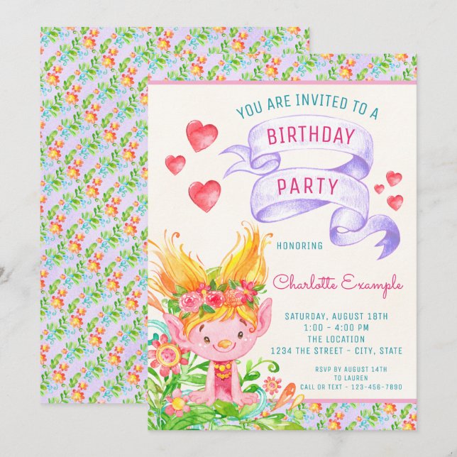 Cartes d'invitation pour l'anniversaire de Troll (Devant / Derrière)