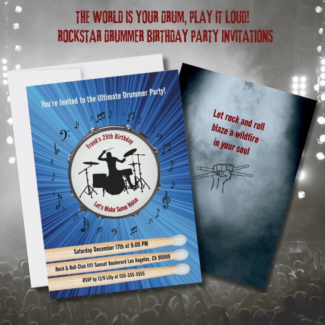 Cartes d'invitation pour l'anniversaire du batteur (Ultimate Drummer Birthday Party Invitations)