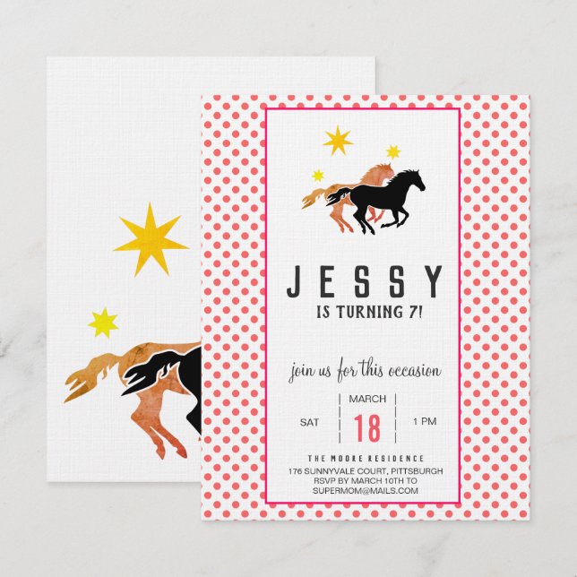 Cartes d'invitation pour l'anniversaire d'un cheva (Devant / Derrière)