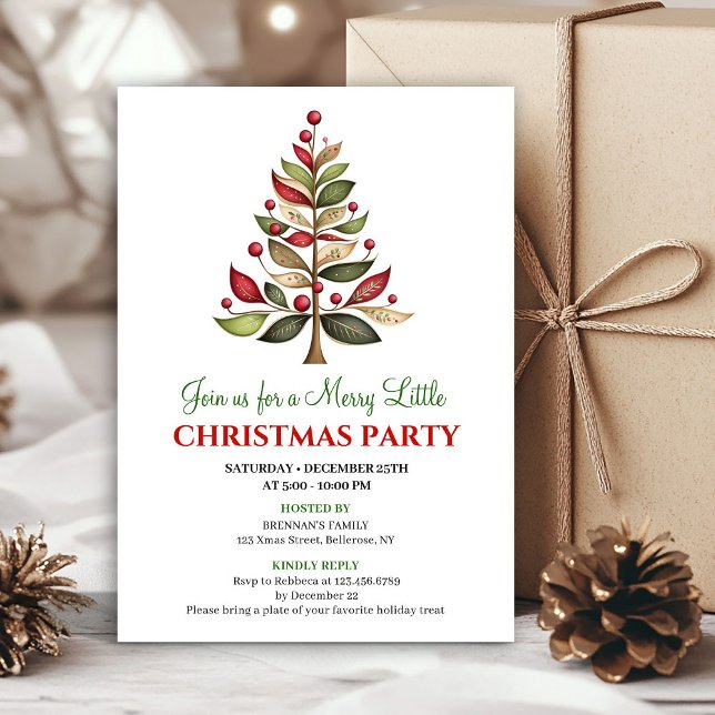 Cartes d'invitation pour le dîner de Noël avec un  (Red green artistic Christmas tree dinner invitation)