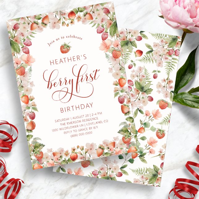 Cartes d'invitation pour le premier anniversaire d (Cute Berry First Birthday Invitation by Painted Paperie)