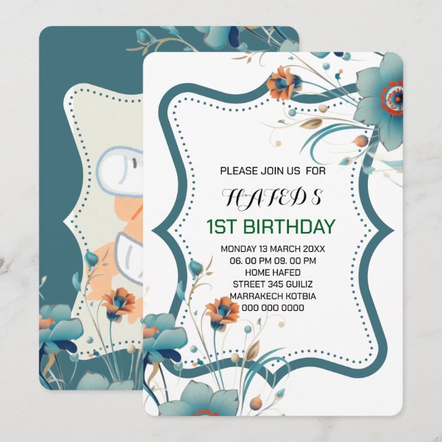 Cartes d'invitation pour le premier anniversaire F (Devant / Derrière)
