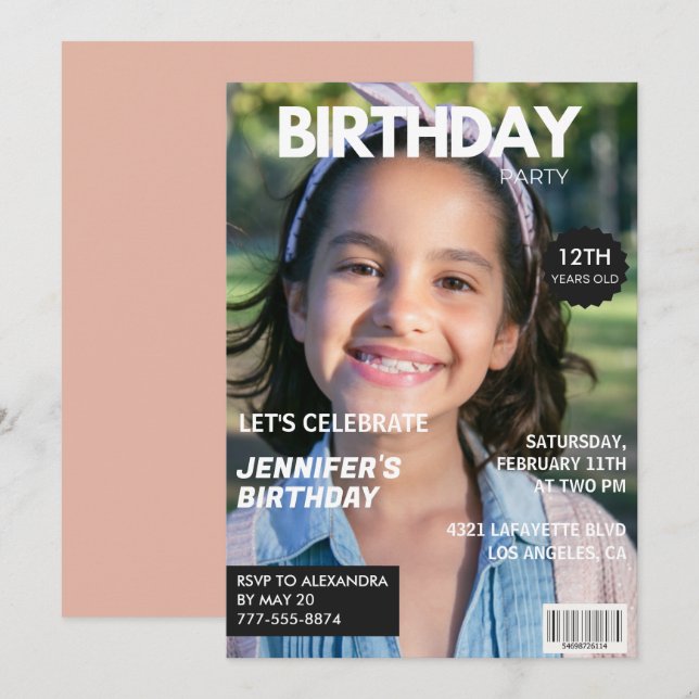 Cartes d'invitation pour les 12 ans fille Couvertu (Devant / Derrière)