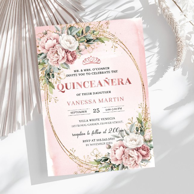 Cartes d'invitation pour les 15 ans avec fleurs ro (Dusty Pink Flowers Greenery 15th Birthday Invitation)