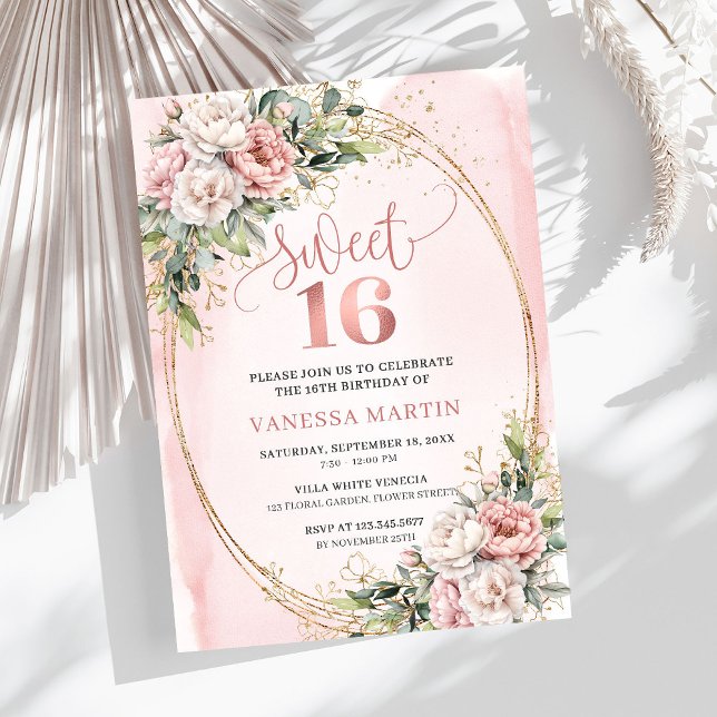 Cartes d'invitation pour les 16 ans avec fleurs ro (Pastel Pink Flowers Greenery 16th Birthday Invitation Design

)