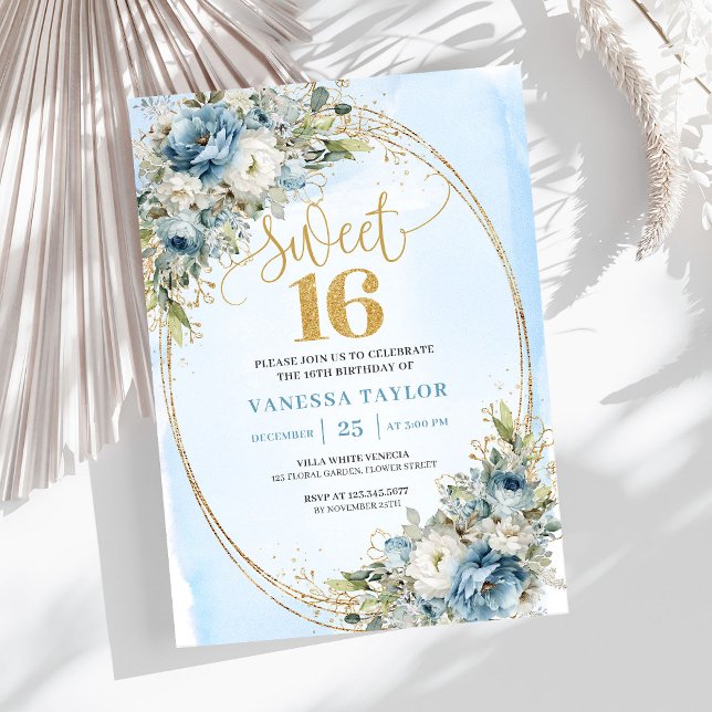 Cartes d'invitation pour les 16 ans Chic Dusty Blu (Chic Dusty Blue Floral Sweet 16th Birthday Invitation)