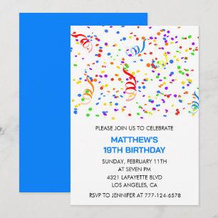Cartes d'invitation pour les 19 ans Confetti Rainb